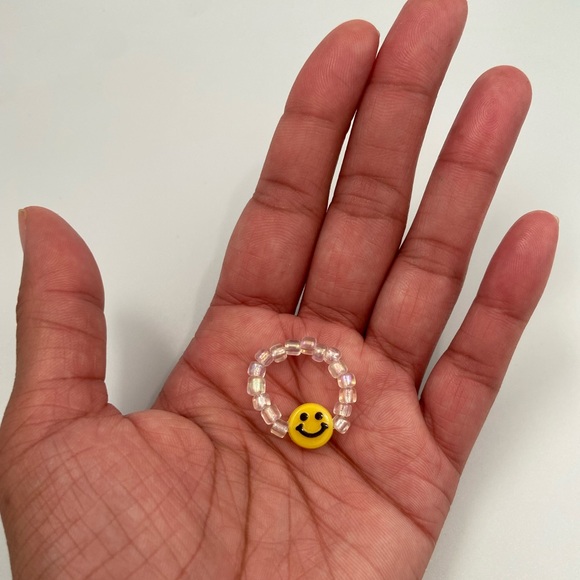 Handmade Trendy Y2K Inspired Smiley Face Glass Bead Stackable Stretch Ring - Picture 3 of 5
